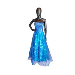 Blue Floral Tulle Overlay Formal Dress - Vintage Deb